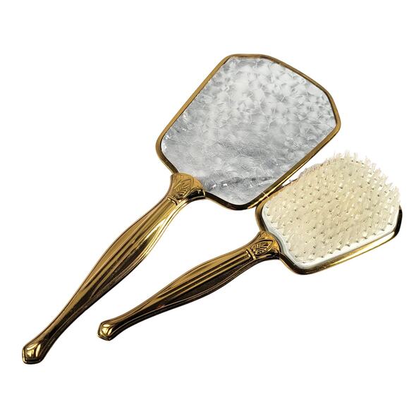 Vintage Gold-Tone Handheld Vanity Mirror Brush Set - Mirror Missing From Frame - Picture 2 of 16